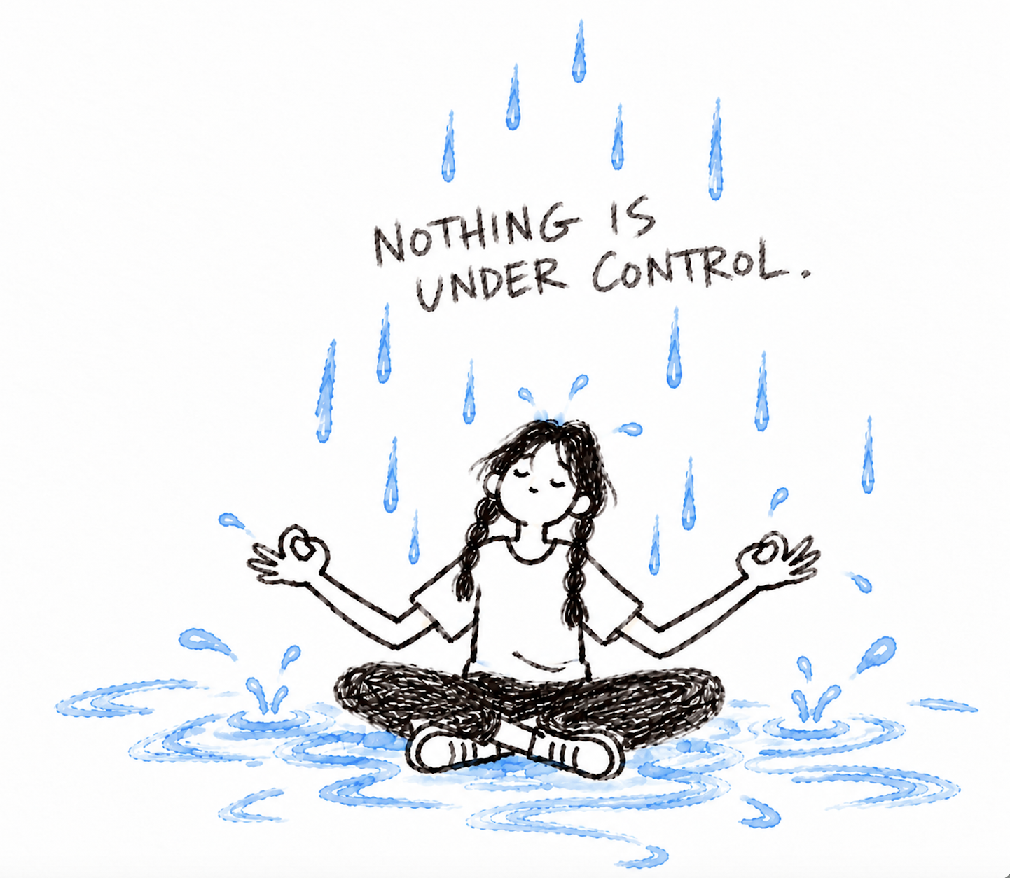 双麻花辫女孩闭眼盘坐在蓝色水迹中,头顶手写 NOTHING IS UNDER CONTROL.